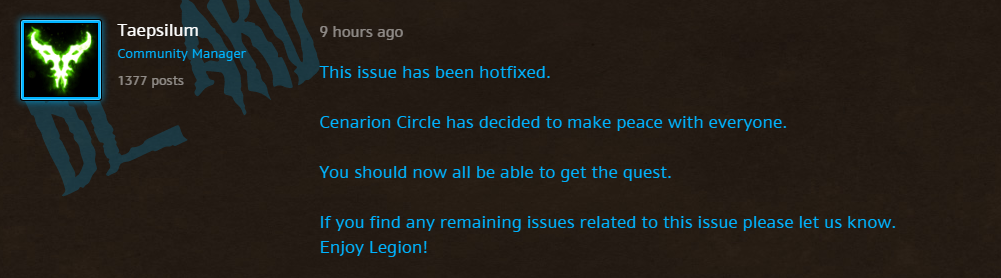 World of Warcraft - Hotfix for Cenarion Circle Rep