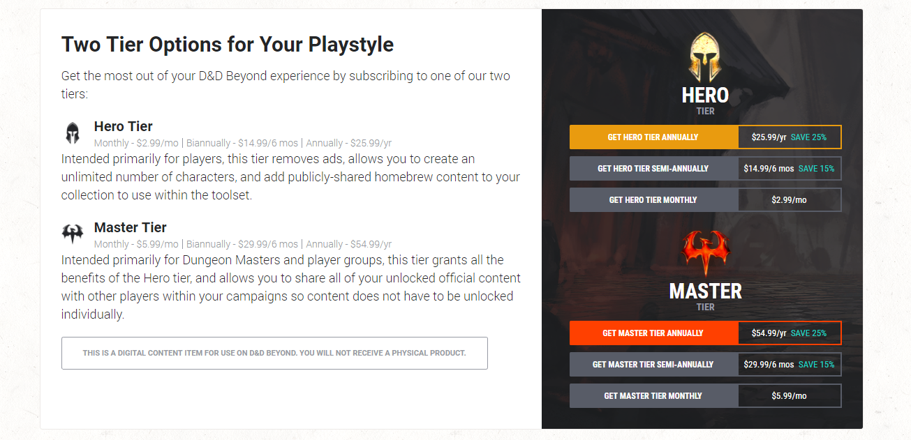 D&amp;D Beyond Subscription Options
